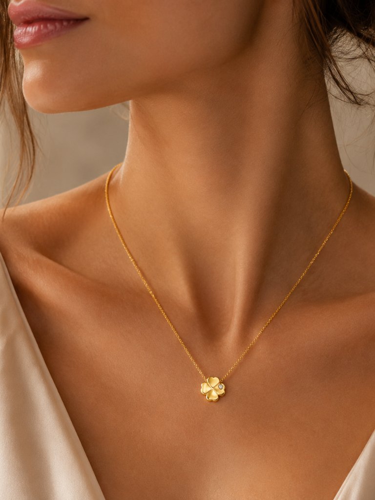 14k Yellow Gold Diamond FourLeaf Clover Necklace 18 Inch